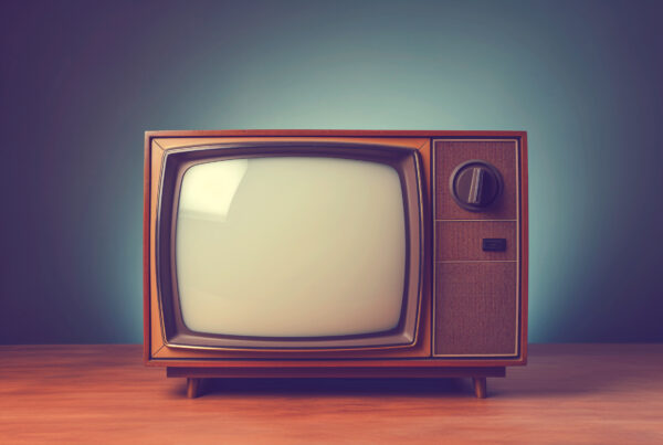 retro television, powered off, sitting on wooden table