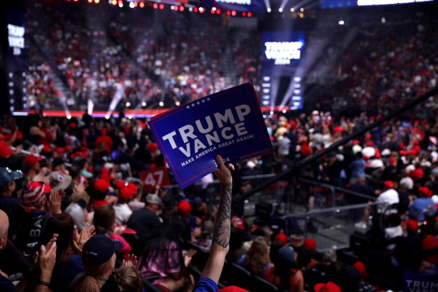 Large crowd of people at a political rally. An arm is seen reaching up from the crowd holding a "Trump, Vance" sign.