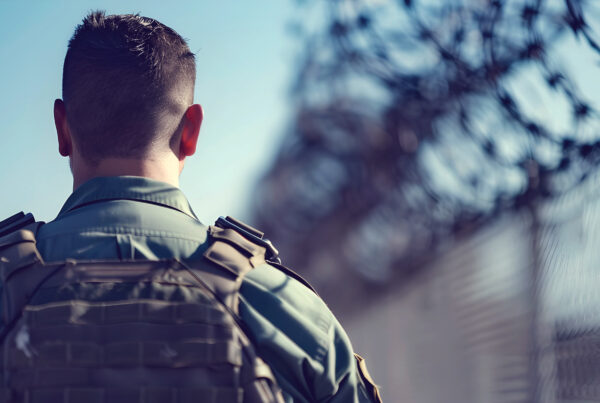 Border agent looking towards fence